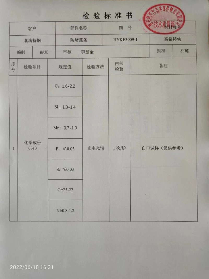 新型防堵篦條檢驗(yàn)標(biāo)準(zhǔn)書